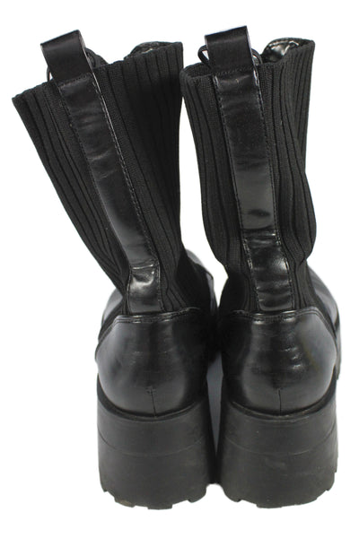 Zara Womens Front Zip Block Heel Platform Knit Trim Boots Black Leather Size 39