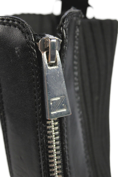 Zara Womens Front Zip Block Heel Platform Knit Trim Boots Black Leather Size 39