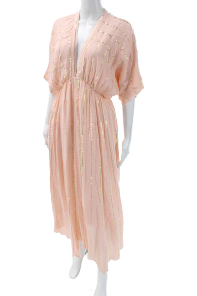 En Creme Womens Metallic Pink Striped V-Neck Maxi Dress Short Sleeve Size S