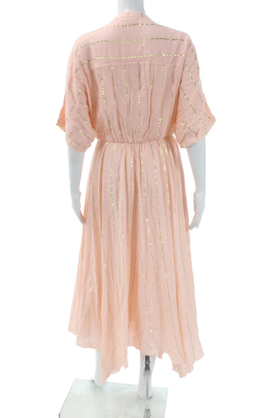 En Creme Womens Metallic Pink Striped V-Neck Maxi Dress Short Sleeve Size S