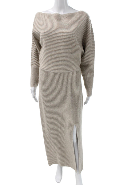 Line And Dot Women Sweater Dress Beige Knit Long Sleeve Boat Neck Size L