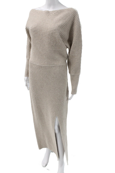 Line And Dot Women Sweater Dress Beige Knit Long Sleeve Boat Neck Size L