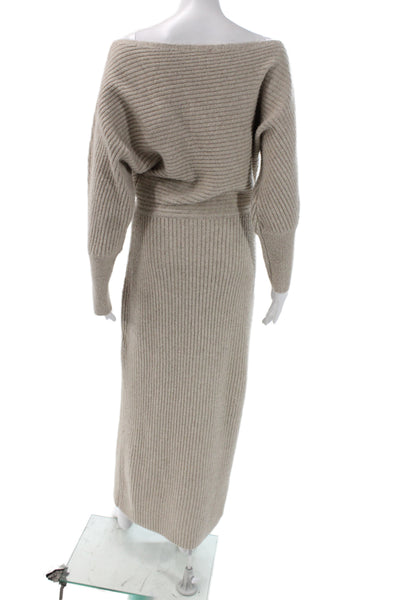 Line And Dot Women Sweater Dress Beige Knit Long Sleeve Boat Neck Size L