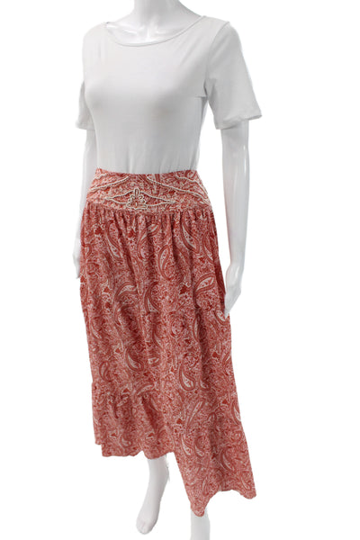 Zara Womens Maxi Bohemian Paisley Viscose Long Skirt Pull On Red Size S
