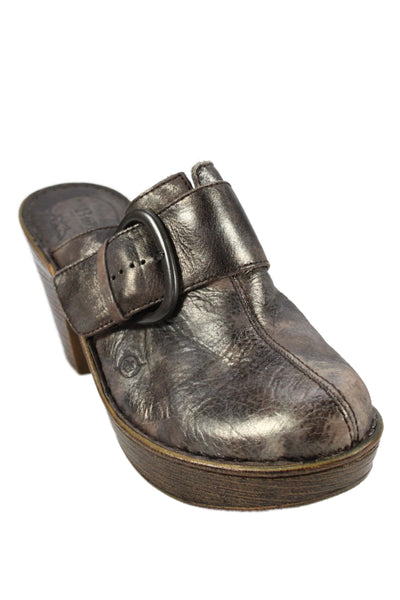 Born Womens Leather Buckle Detail Platform Clog Heels Silver Size 9