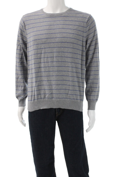 J Crew Mens Gray Striped Cotton Crew Neck Pullover Sweater Long Sleeve Size L