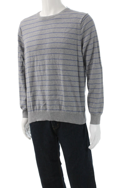 J Crew Mens Gray Striped Cotton Crew Neck Pullover Sweater Long Sleeve Size L