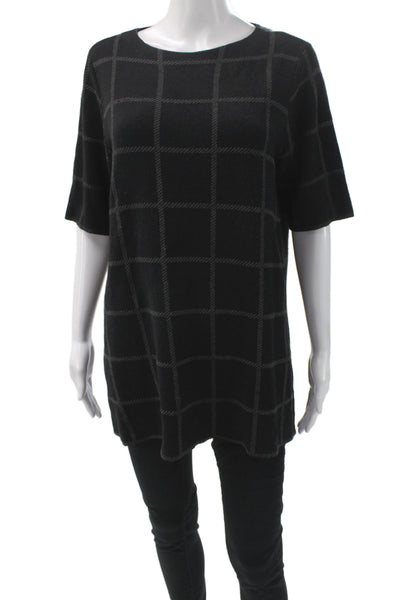 Eileen Fisher Women Tunic Black Linen Check Round Neck Short Sleeve Size S