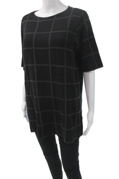 Eileen Fisher Women Tunic Black Linen Check Round Neck Short Sleeve Size S