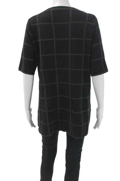 Eileen Fisher Women Tunic Black Linen Check Round Neck Short Sleeve Size S