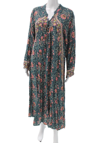 Spiritual Gangster Womens Maxi Dress Multicolor Floral V-Neck Long Sleeve Size S