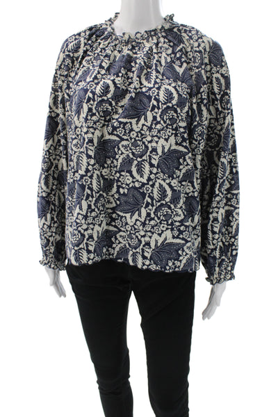 The Great Womens Floral Cotton High Neck Long Sleeve Basic Blouse Blue Size 2