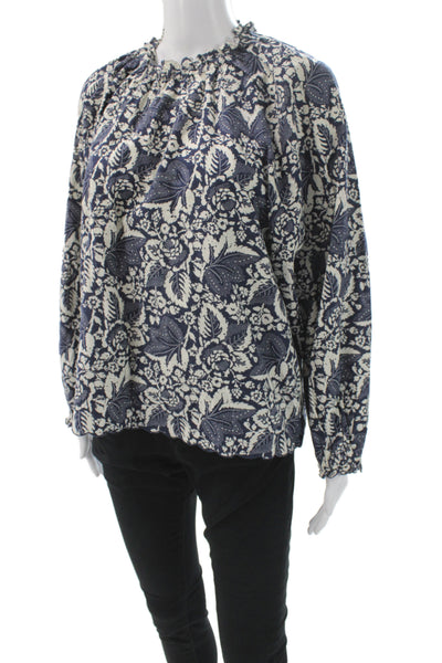 The Great Womens Floral Cotton High Neck Long Sleeve Basic Blouse Blue Size 2