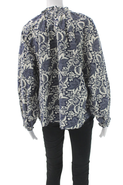 The Great Womens Floral Cotton High Neck Long Sleeve Basic Blouse Blue Size 2
