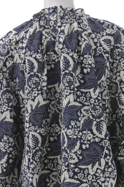 The Great Womens Floral Cotton High Neck Long Sleeve Basic Blouse Blue Size 2