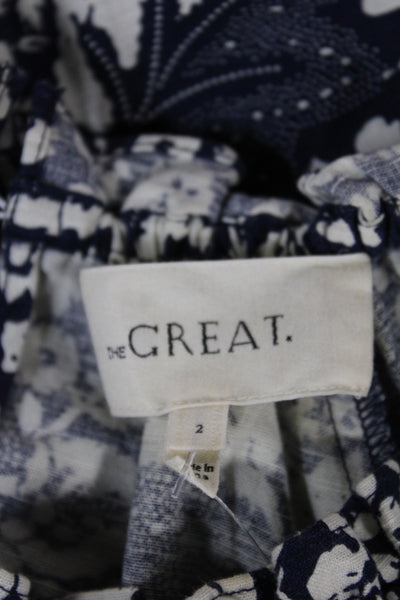 The Great Womens Floral Cotton High Neck Long Sleeve Basic Blouse Blue Size 2