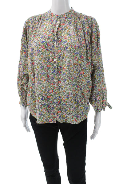Doen Women Basic Floral Cotton Collared Button Up Long Sleeve Multicolor Size S