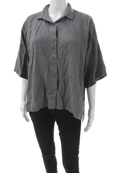Everlane Womens Basic Gray Tencel Collared Short Sleeve Button-Up Size M