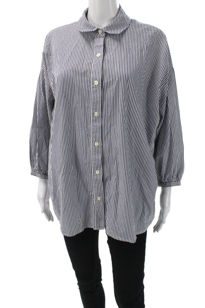 The Great Women Tunic Button Up Collared Striped Cotton Long Sleeve Blue Size 1