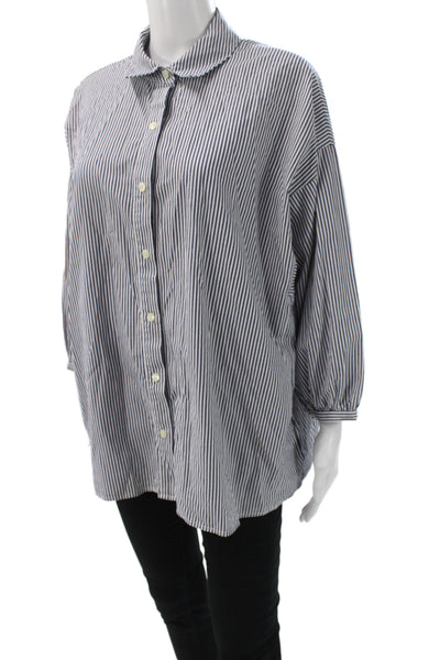 The Great Women Tunic Button Up Collared Striped Cotton Long Sleeve Blue Size 1