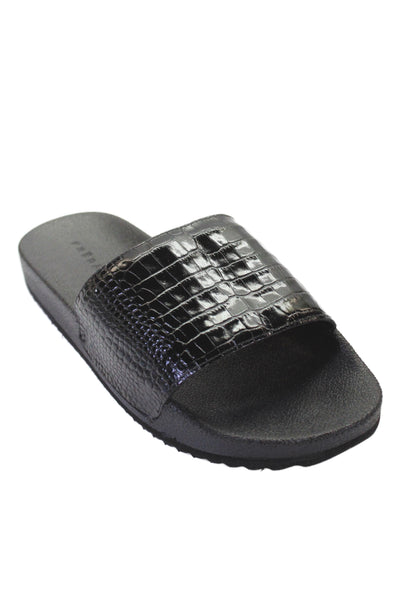 Freda Salvador Womens Croc Embossed Slide On Sandals Black Size 8