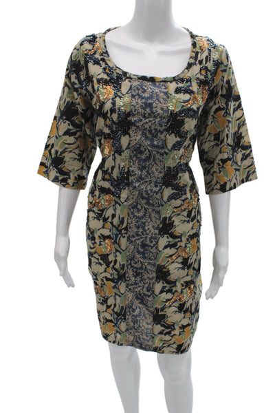 Designer Womens Shift Dress Floral Multicolor Cotton Scoop Half Sleeve Size 1