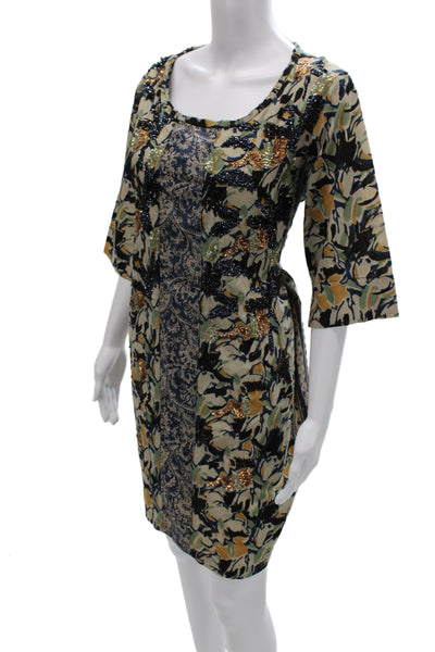 Designer Womens Shift Dress Floral Multicolor Cotton Scoop Half Sleeve Size 1