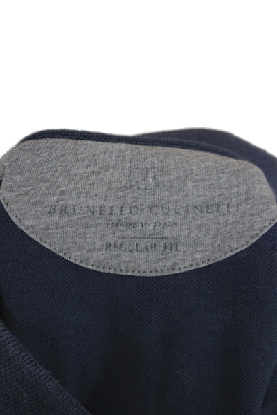 Brunello Cucinelli Mens Short Sleeve Collared Knit Polo Shirt Navy Size IT 56