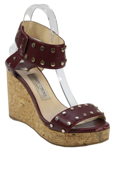 Jimmy Choo Womens Leather Studded Cork Wedge Sandals Bordeaux Red Size 37 7