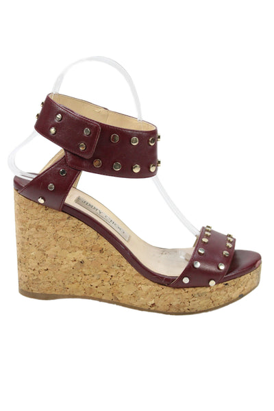 Jimmy Choo Womens Leather Studded Cork Wedge Sandals Bordeaux Red Size 37 7