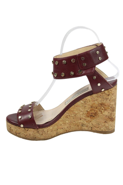 Jimmy Choo Womens Leather Studded Cork Wedge Sandals Bordeaux Red Size 37 7