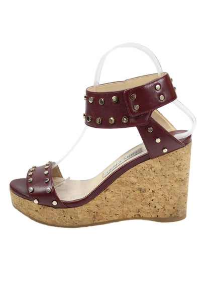 Jimmy Choo Womens Leather Studded Cork Wedge Sandals Bordeaux Red Size 37 7