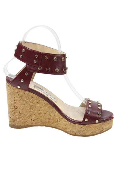 Jimmy Choo Womens Leather Studded Cork Wedge Sandals Bordeaux Red Size 37 7