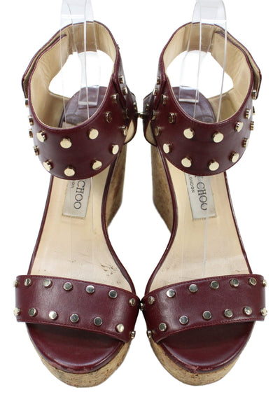 Jimmy Choo Womens Leather Studded Cork Wedge Sandals Bordeaux Red Size 37 7