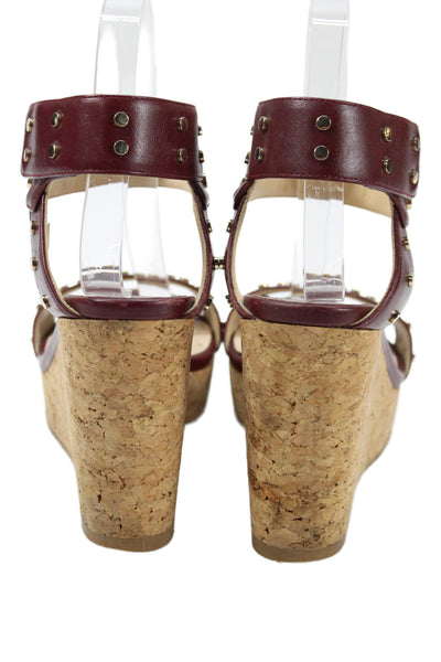 Jimmy Choo Womens Leather Studded Cork Wedge Sandals Bordeaux Red Size 37 7