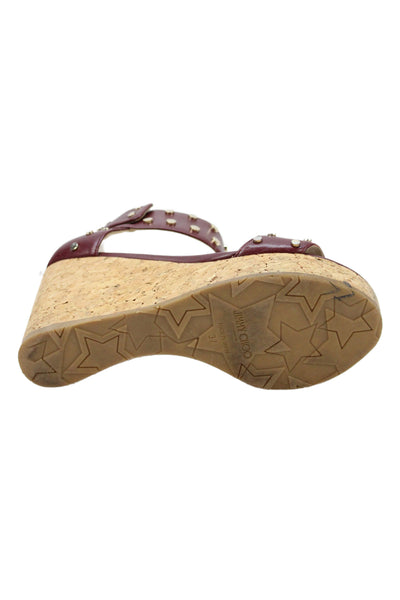 Jimmy Choo Womens Leather Studded Cork Wedge Sandals Bordeaux Red Size 37 7
