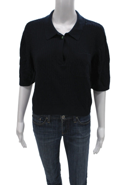 Staud Women Blue Cotton Collared Pullover Short Sleeve Solid Size L