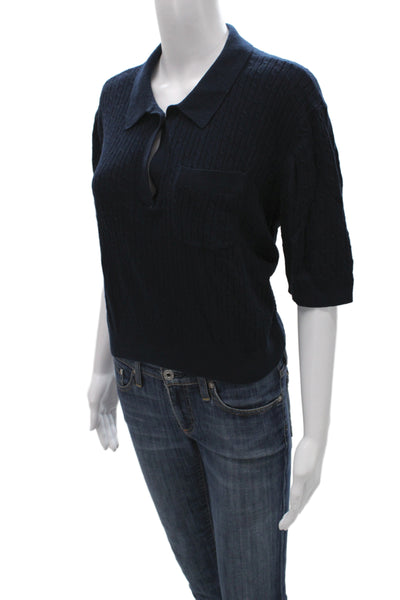 Staud Women Blue Cotton Collared Pullover Short Sleeve Solid Size L