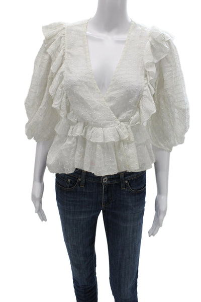 Rhode Womens Cropped Blouse White Cotton Polka Dot V-Neck 3/4 Sleeve Tie Size S
