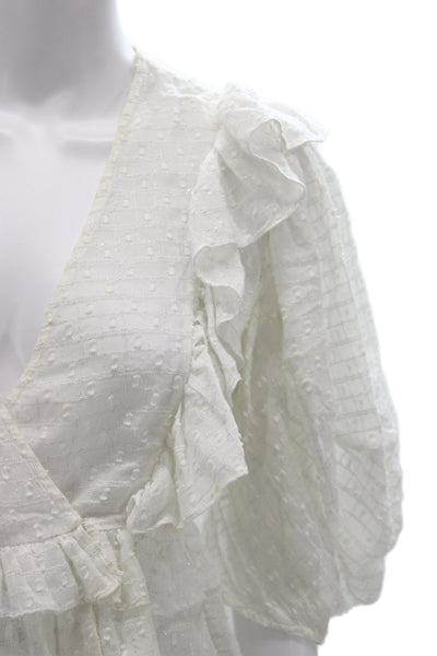 Rhode Womens Cropped Blouse White Cotton Polka Dot V-Neck 3/4 Sleeve Tie Size S