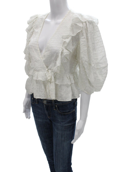 Rhode Womens Cropped Blouse White Cotton Polka Dot V-Neck 3/4 Sleeve Tie Size S
