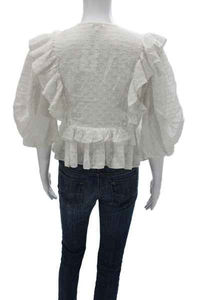 Rhode Womens Cropped Blouse White Cotton Polka Dot V-Neck 3/4 Sleeve Tie Size S