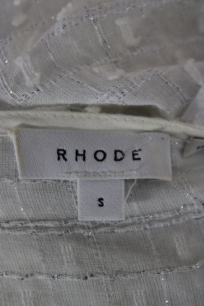 Rhode Womens Cropped Blouse White Cotton Polka Dot V-Neck 3/4 Sleeve Tie Size S