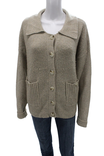 Flat White Women Collared Long Sleeve Beige Nylon Cardigan Sweater Size L