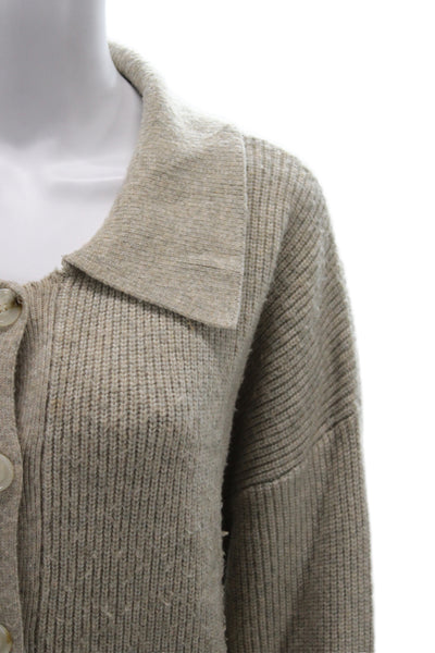 Flat White Women Collared Long Sleeve Beige Nylon Cardigan Sweater Size L