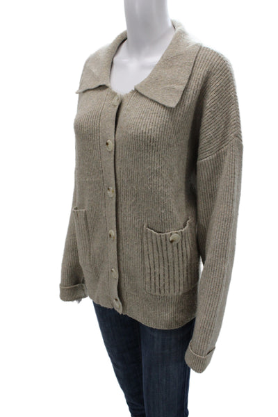 Flat White Women Collared Long Sleeve Beige Nylon Cardigan Sweater Size L