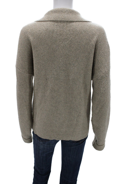Flat White Women Collared Long Sleeve Beige Nylon Cardigan Sweater Size L