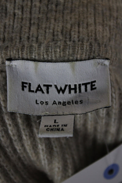 Flat White Women Collared Long Sleeve Beige Nylon Cardigan Sweater Size L