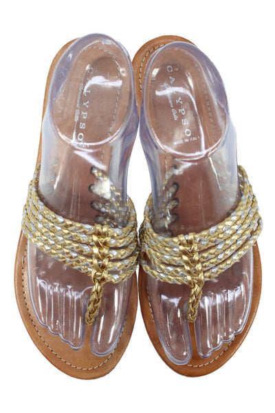 Calypso Christiane Celle Womens Braided Strap Flat Sandals Shoes Gold Size 8