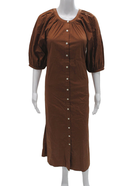 Staud Womens Shirt Dress Brown Half Sleeve Round Neck Button Mid-Calf Size S